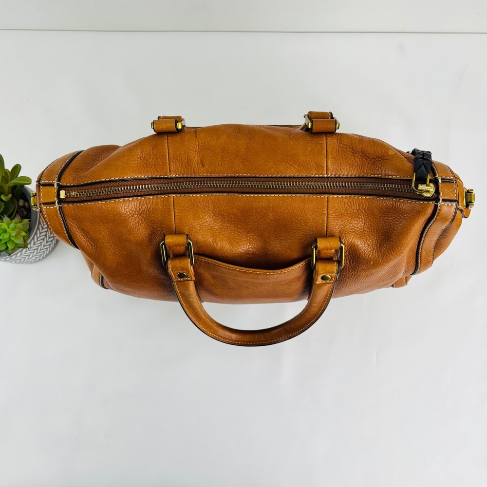 Fossil Carlie Leather Satchel Shoulder Cognac Bag Braided Tassel - Picture 7 of 10